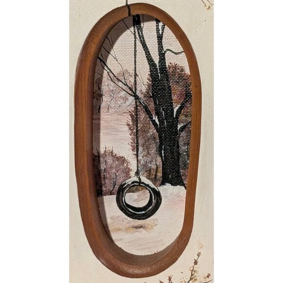 Painted Wooden Frame Folk Art Tree Tire Swing Sample Plaque Winter Lonely Vtg - Picture 9 of 16